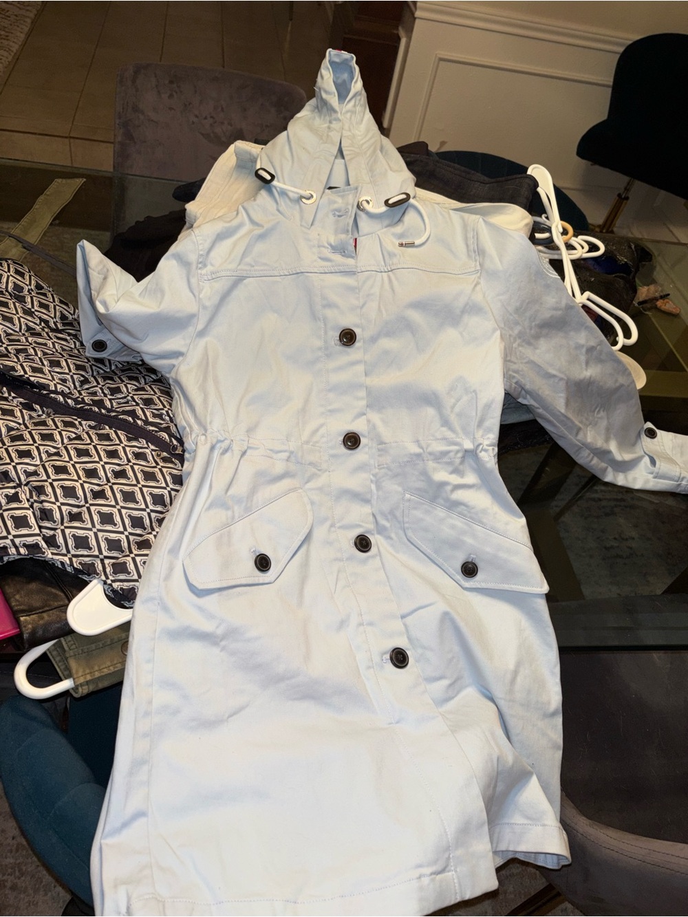 Tommy Hilfiger Light Blue Women's Hooded Trench Coat: size small